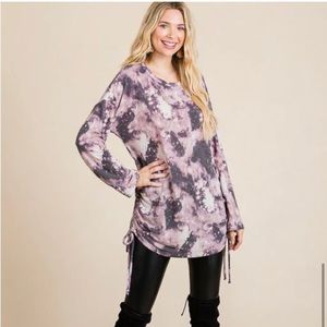 Super soft tie dyed print oversized tunic top with ruched tie detail